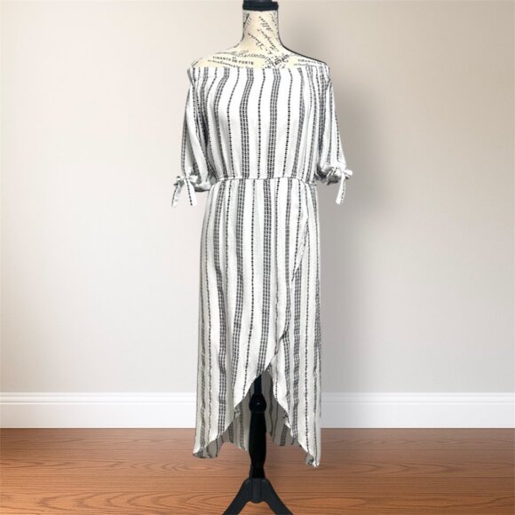 J Gee M Off Shoulder Striped Dress White Black Rayon Tie Sleeve Boho Midi Coasta - Picture 1 of 8